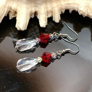 Red & Clear Austrian Crystal Beads Handmade Pierced Earrings LR139